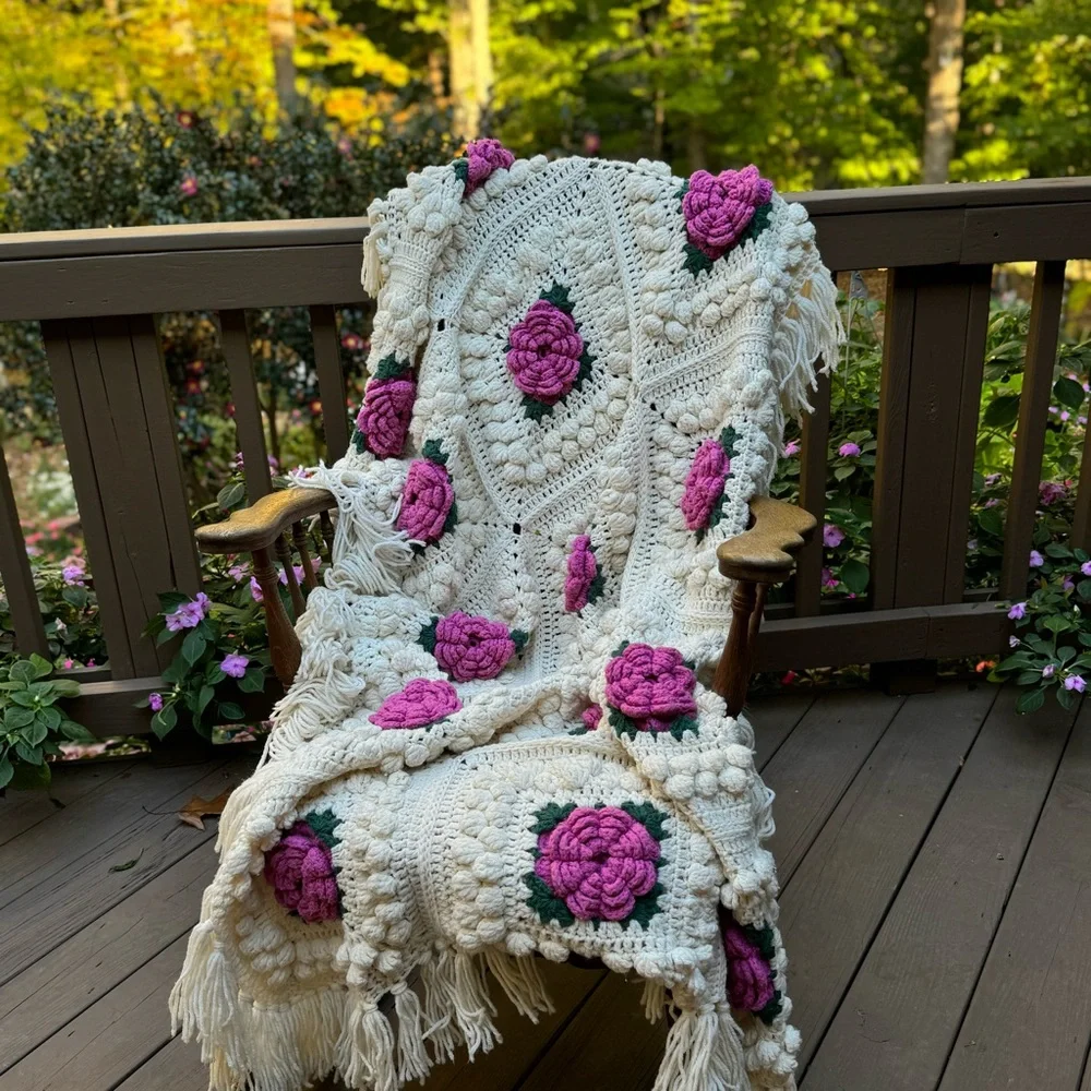 Cream and Rose Popcorn Granny Handmade Crocheted Afghan